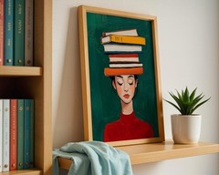 Book Lover Wall Art, Woman with Books on Head Print, Literary Decor