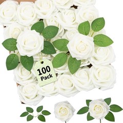 100Pcs Artificial Flowers White Foam Fake Roses Bulk with Stems, Valentines &