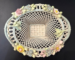 Vintage Belleek Ivory Woven Oval Basket Pastel Flowers Frosted Handles L8 1/2″