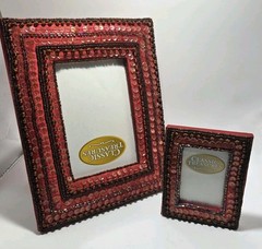 Vintage Boho Red Satin Fabric Photo Picture Frame Seed Beads Sequins Set Of 2