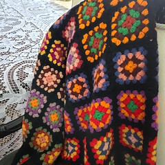 Granny Square Vintage Afghan Hand Crochet Multi-Color Blanket Roseanne 41×60