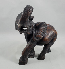Vintage Dark Brown African Elephant Sculpture Polystone Resin Trunk Up Decor