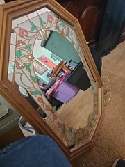 Vintage Octagonal Wood Frame Mirror Stained Glass Effect Floral Decor Wall Art