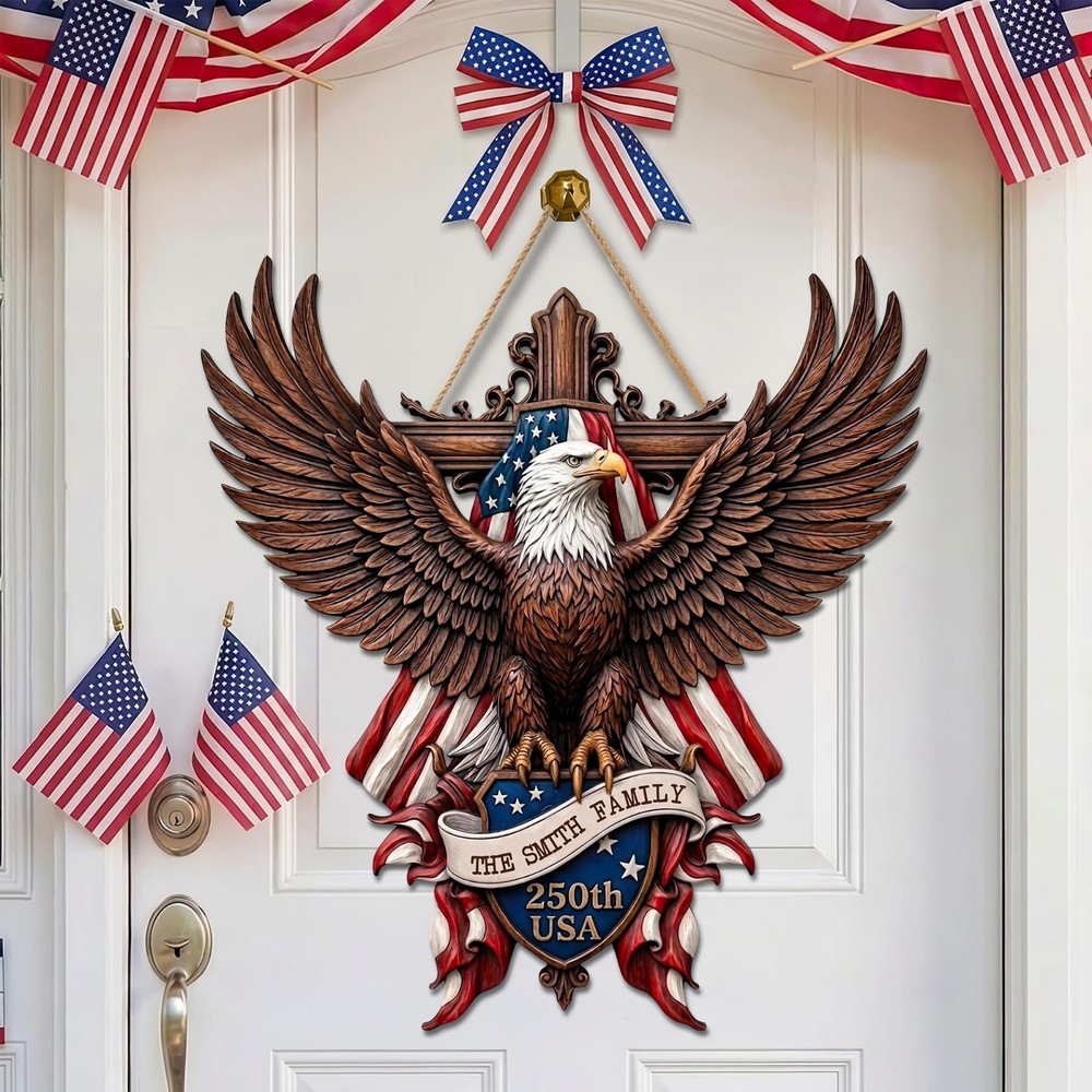 Personalized American Flag Cross Wood Sign: USA 250th Patriotic Door Hanger