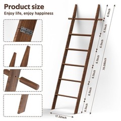 Farmhouse 6 Ft Wooden Blanket Ladder with Removable Hooks, 6-Tier Rustic Blan…