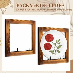 Wall Mounted Plate Holder Set 2 Rustic Wood Frame W/ Metal Hooks Display New