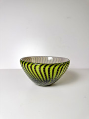 Mid-Century Murano Green and Brown Stripe Art Glass Bowl with Controlled Bubbles
