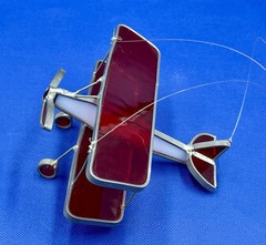 HANDMADE Lead Stained Glass Biplane Red & White Vintage