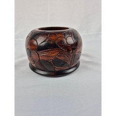 Vintage Hand Carved Wood Bowl Floral Design Dark Stain Boho Decor Rustic