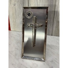 25th Wedding Anniversary Silver Tone Cross Plaque Rhinestone Interlocking Rings
