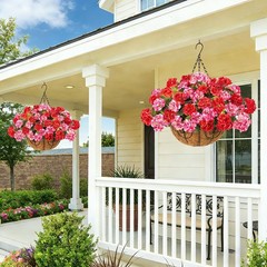 Geraniums Artificial Flowers Hanging Basket for Outdoors Outside Spring