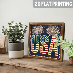 Patriotic USA Fireworks Wood Plaque, Flag Letter Print 4th of July Wall Decor