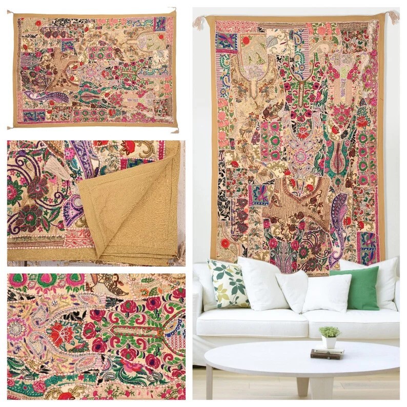 Vintage Wall Tapestry Cotton Hand Beads Embroidered Patchwork Ethnic Hanging 60″
