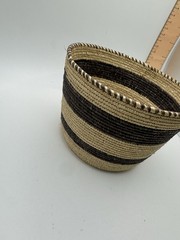 Handwoven Coiled Striped Basket Natural Fiber Boho Tribal Decor Brown Beige 7.5″