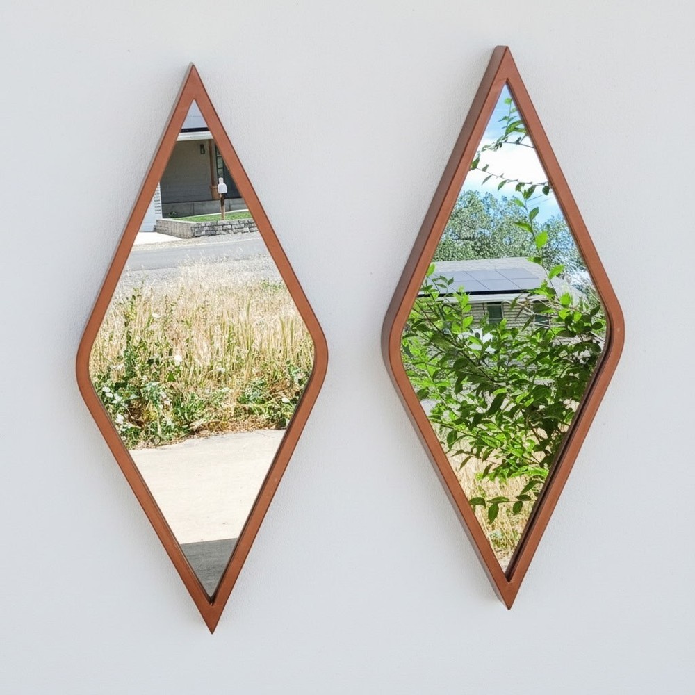 Vintage Copper Metal Diamond Shaped Frame Accent Mirrors Set of 2 MCM Style 15″