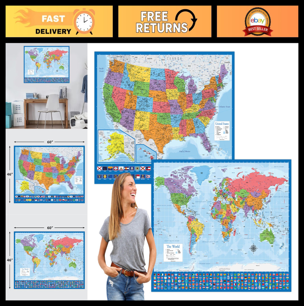 Giant World Map & US Map Poster Set – Extra Large Laminated 46″x60″ Charts