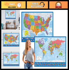 Giant World Map & US Map Poster Set – Extra Large Laminated 46″x60″ Charts