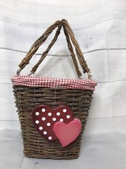 Wooden Woven Basket With Handles And Red Gingham Fabric Liner