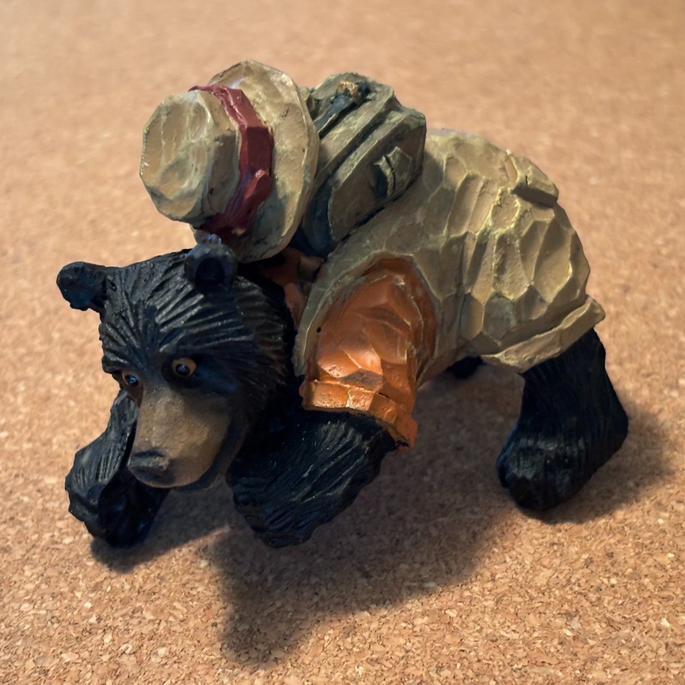 Black Bear Figurine Hiking Hat Backpack Rustic Decor Fairy Garden Camping Cabin