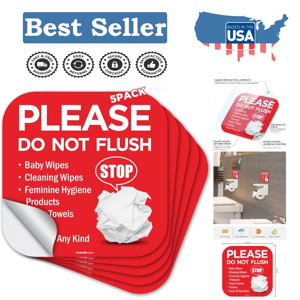 Vibrant Red Do Not Flush Warning Signs – 6×6 Inch Self-Adhesive Labels (5 Count)