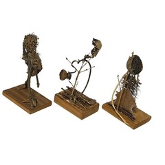 VTG Handmade Folk Art Twig Sculptures Set Wood Base Rustic Nature Figures 3pc