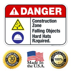 Construction Zone Falling Objects Hard Hats Required Sign, ANSI Danger Sign,
