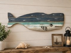Nautical Wooden Wall Display Art Beach Ocean Humpback Beluga Whale 12″ x 38″ Art