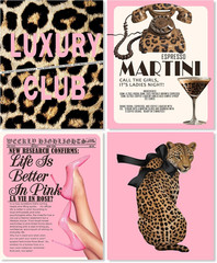 Trendy Retro Pink Y2K Leopard Bar Wall Art Prints 8X10 Set of 4, Luxury Room Dec