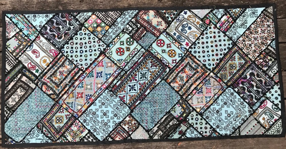 Blue patchwork mirror wall tapestry sindhi india pakistan 26″x54″