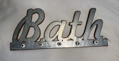 Farmhouse Cottage Core Tin/Wood Sign “Bath” Ceramic Knobs Towel Holder 24 In