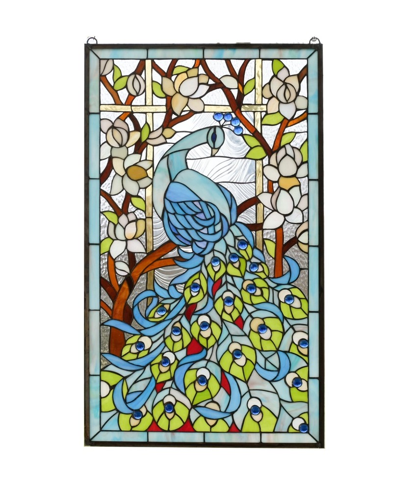 20.5″ x 34.75″ Handcrafted peacock flower stained glass window panel WL22-221