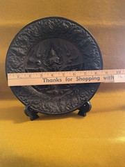 VTG. Souvenir Plate Decor With Easel. 9” Dia. Thailand. Dark Brown. VTG.