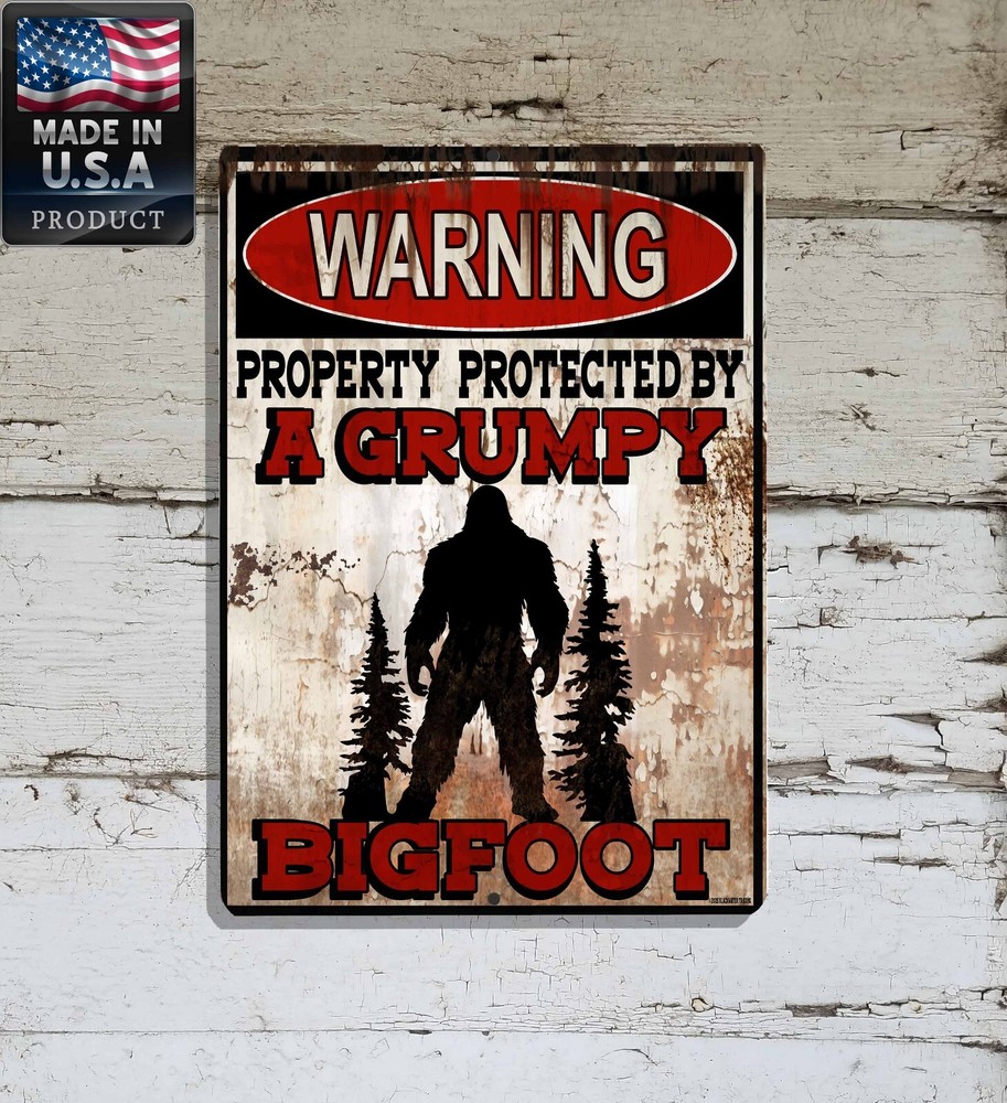 Warning Property Protected By A Grumpy Bigfoot 9″x12″ Metal Door Cryptid Sign