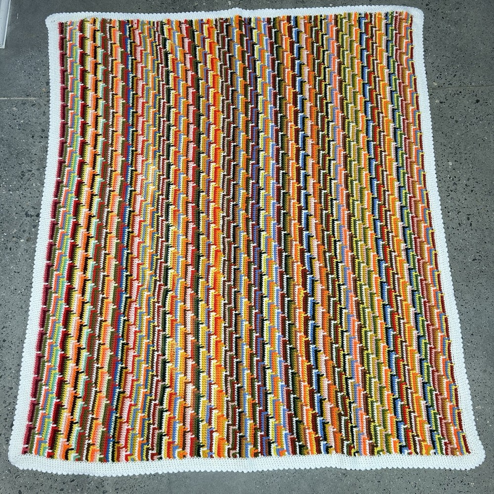 Hand Crocheted Afghan Multicolor Throw Blanket Geometric Cottage Grannycore