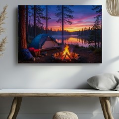 Camping scene canvas wall art with campfire lake sunset pine trees nature print