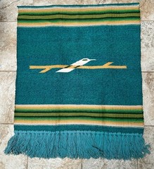 Vintage Hand Woven Wool Wall Tapestry Rug Hummingbird Bright GreenAqua 31″ x 39″