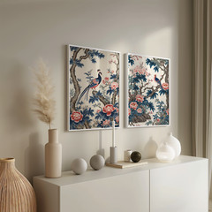 Vintage Asian Bird Print Set, Japanese Art Prints Featuring Peacocks