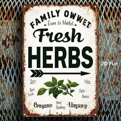 Vintage Fresh Herbs Metal Sign «Family Owned» Retro Farmhouse Kitchen Decor