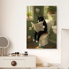 Funny Tuxedo Cat Reading Newspaper on Toilet Canvas Wall Art