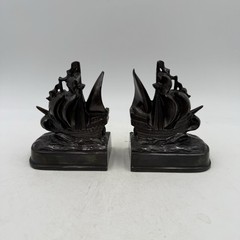 Set Of 2 Vintage Cast Metal Sailing Ships Bookends, Made In Japan