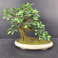 Artificial Bonsai Tree with Ceramic Planter & Clay Asian Figures Fake Plant
