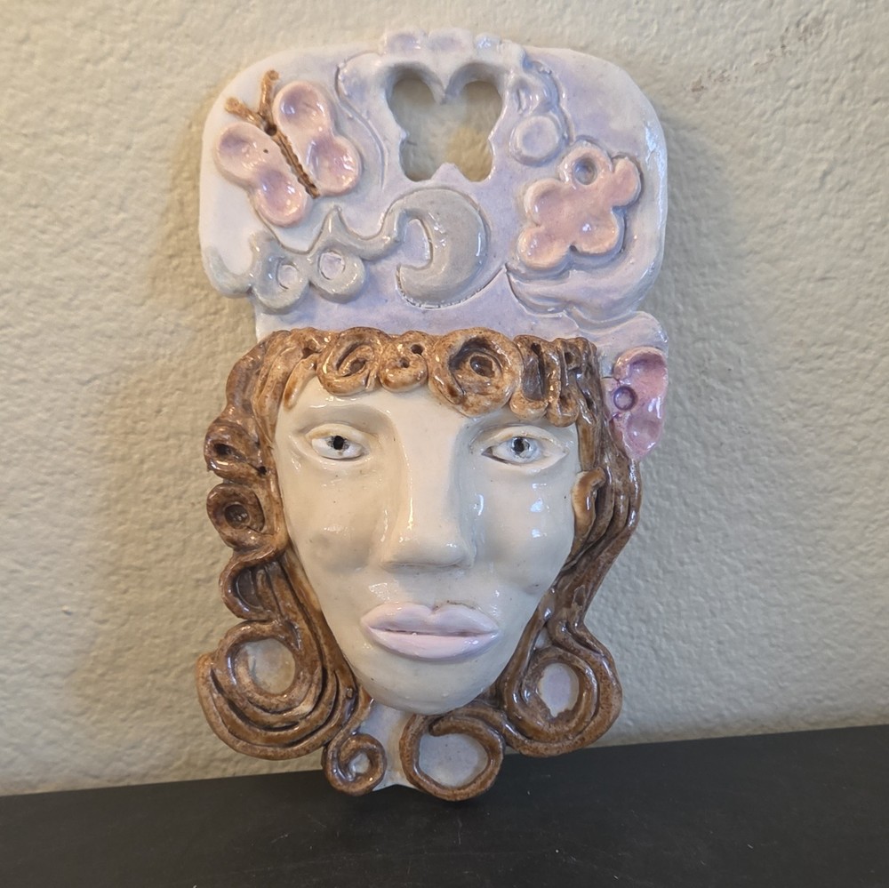 Glazed Ceramic Wall Mask Face Plaque, Glossy, 9in White Pink Brown Blue