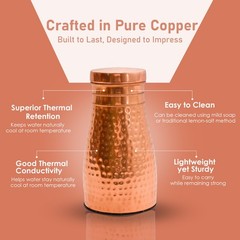 Pure Copper Water Bottle 1 Liter with Inbuilt Glass | Hammered Finish Drinkware