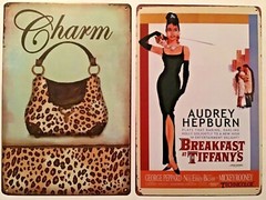 8×12 in TIN SIGNS 2pc SET Charm purse leopard Audrey Hepburn Breakfast Tiffanys