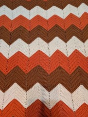 Retro Handmade Brown & Orange Herringbone Zig Zag Crochet Afghan Blanket 52″x50″