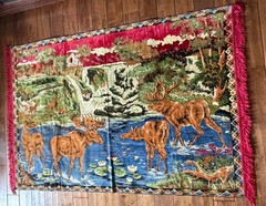 VTG Rug Forest moose Deer Hunting Velvet woven Wall Hanging Tapestry Art 70”X47”