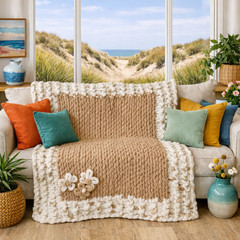 Handmade Chunky Knit Blanket 45×62 Tan & White Soft Cozy Throw FREE SHIPPING!