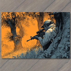 Art Print Sniper Camouflage Rifle Forest Trees Orange Glow Tactical Stealth