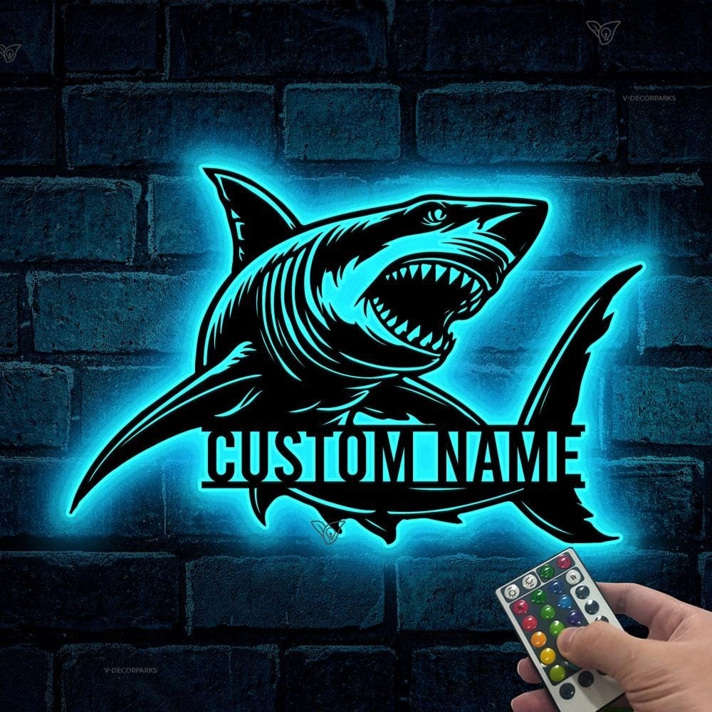 Custom Great White Shark LED Metal Sign Personalized Beach House Wall Decor
