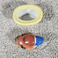 Vintage Duck in Wash Tub Trinket Box Yellow Japan Ceramic Miniature